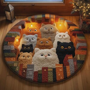 May include: A round rug featuring a whimsical design of multiple fluffy cat faces in various colors, including gray, orange, and white. The rug has a textured appearance and is surrounded by a colorful border with a brick-like pattern.