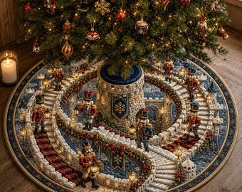 Christmas Tree Skirt, Nutcracker Castle Holiday Decor, Elegant Winter Village Accent, Festive Base Cover