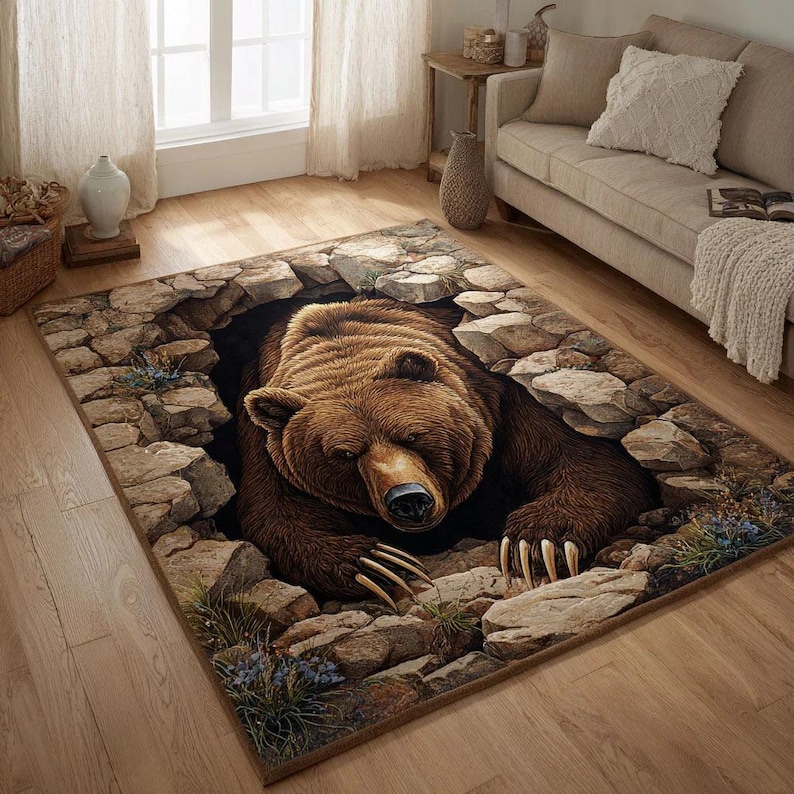 3D Bear Hole Rug, Rustic Cabin Carpet, Wildlife Illusion Decor, Living ...