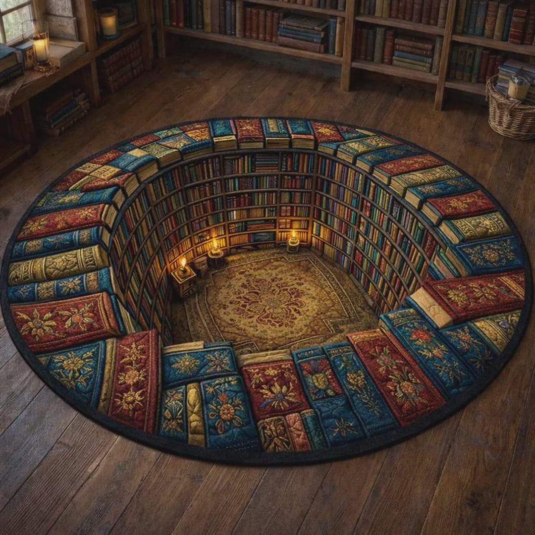 3D Library Round Rug, Book Lover Floor Mat, Illusion Bookshelf Carpet ...