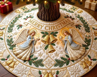 Gonna per albero di Natale con angelo, decorazione natalizia bianca e oro con tema "Buon Natale", elegante addobbo religioso per le festività.