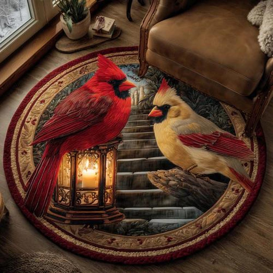 Cardinal Birds Round Rug, Winter Lantern Art, Cozy Cabin Decor ...