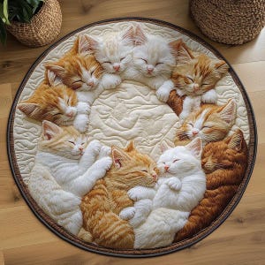May include: A round rug featuring a design of sleeping kittens. The kittens are in various shades of orange, white, and brown, arranged in a circular pattern on a cream-colored background with a quilted texture. The rug has a brown border.