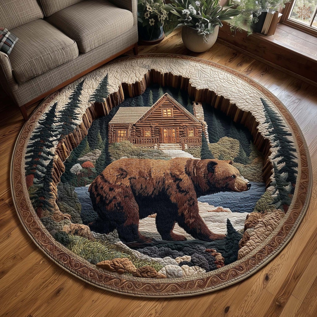 Bear Den Rug Bear Cabin Round Rug, Woodland Wildlife Art, Rustic Lodge Decor, Cozy ...