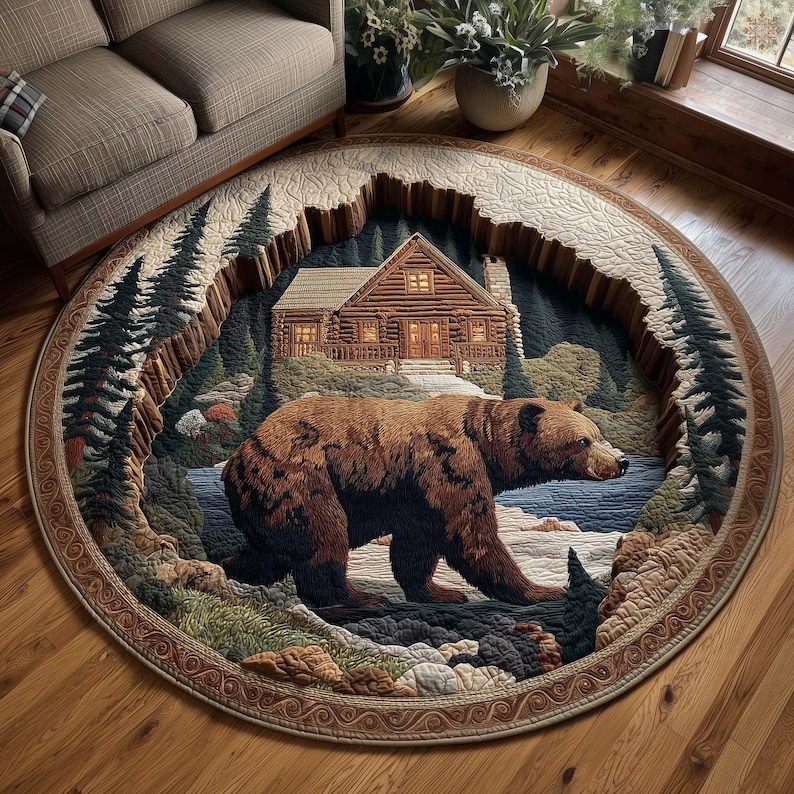 Bear Cabin Round Rug, Woodland Wildlife Art, Rustic Lodge Decor, Cozy ...