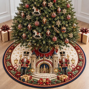 Puede incluir: Una falda de árbol de Navidad redonda con diseño acolchado, que muestra dos figuras de cascanueces a ambos lados de una puerta de castillo de piedra central. El borde está decorado con flores de pascua rojas, acebo verde y estrellas doradas.
