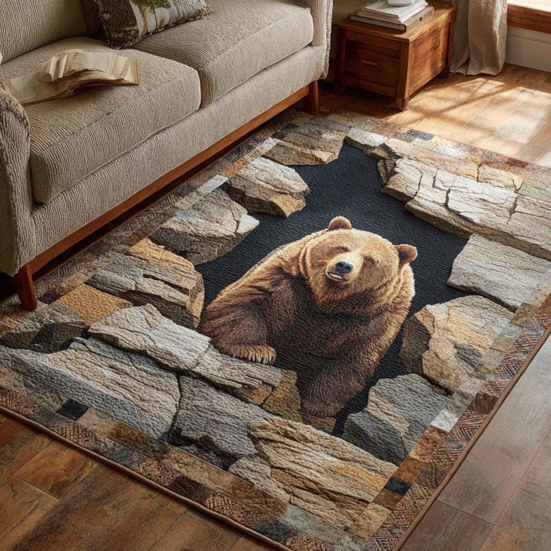 Bear 3D Area Rug, Rustic Cabin Wildlife Carpet, Brown Bear Lodge Decor ...