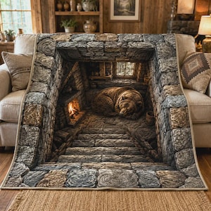 May include: A throw blanket with a detailed illustration of a stone structure with a sleeping bear. The design includes a fireplace with a glowing fire, a window, and stone steps, creating a warm, inviting scene.