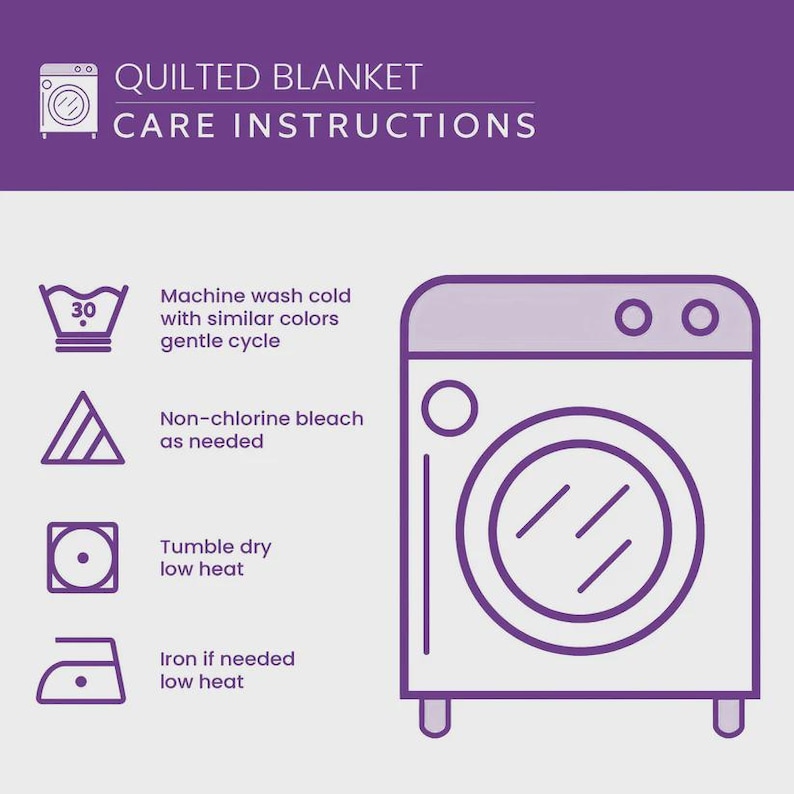 May include: A purple graphic with care instructions for a quilted blanket. The text includes washing instructions: machine wash cold, non-chlorine bleach, tumble dry low heat, and iron if needed. A washing machine illustration is also included.