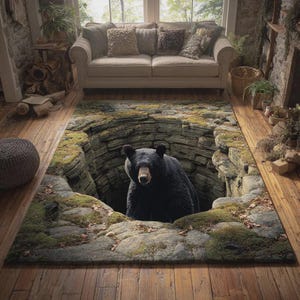 Tapis ours noir troué 3D, tapis de cabine rustique, décoration animalière