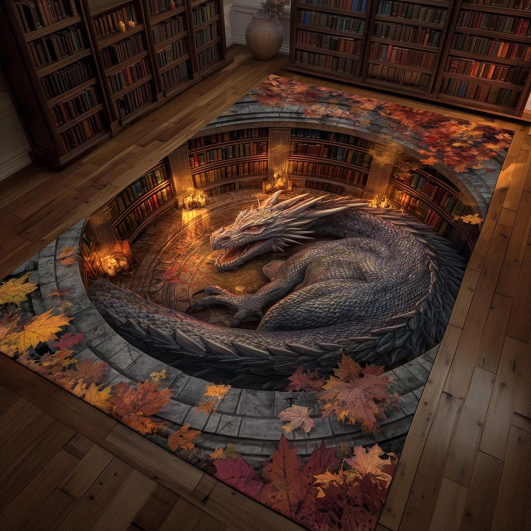 University Library Rug Dragon Library 3D Illusion Area Rug, Fantasy Gothic Carpet, Dark ...