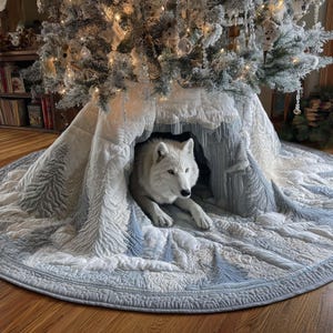 Op de afbeelding: Een ronde, wit en lichtblauwe doorgestikte kerstboomkleed met een geborduurd winterboslandschap met dennenbomen en besneeuwd terrein. Een witte wolf rust in de centrale opening van het kleed onder een versierde kerstboom.