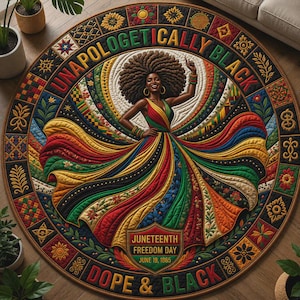 May include: Round rug featuring a vibrant illustration of a woman in a colorful dress, with the text "UNAPOLOGETICALLY BLACK" and "DOPE & BLACK" encircling the image. The rug celebrates Juneteenth Freedom Day.