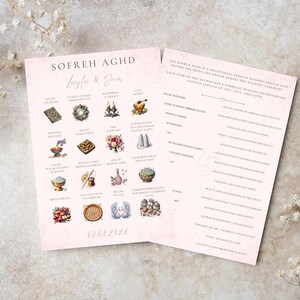 May include: A pink wedding invitation with the words "SOFREH AGHD" and the names "Layla & Sam". The invitation features illustrations of traditional wedding items and the date 05.08.2026.