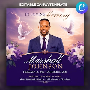 Puede incluir: Una plantilla de Canva editable para un programa funerario con el retrato de un hombre en traje, palomas blancas y lirios morados sobre un cielo al atardecer. El texto incluye IN LOVING MEMORY, Marshall JOHNSON y detalles del servicio.