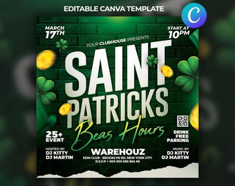 Mall för St Patrick's Day-flyer | Redigerbar Canva Club-evenemangsaffisch (digital nedladdning)