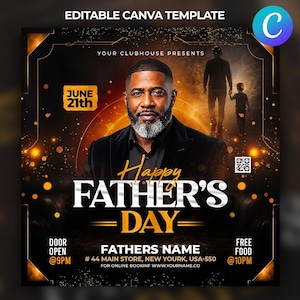 Puede incluir: Una plantilla de folleto digital editable para un evento del Día del Padre con el retrato de un hombre con barba, la silueta de un padre y un hijo, efectos de luz dorada y texto que incluye "Happy Father's Day", "June 21st" y "Your Clubhouse Presents".