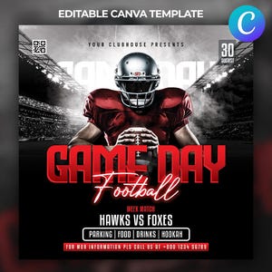May include: A promotional graphic for a football game. The image features a football player in a red uniform holding a football. Text includes "GAME DAY Football", "HAWKS VS FOXES", and "30 August". The background shows a stadium.