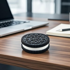 Op de afbeelding: Een zwart-wit Oreo-koekjesvormig object met het woord "OREO" in reliëf op de bovenkant. Het object heeft een gestructureerd ontwerp en een witte vulling. Het staat op een houten bureau.