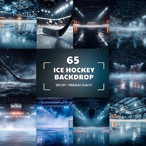 May include: A collection of ice hockey backdrops. The images depict different perspectives of ice hockey arenas, including close-ups of hockey sticks, and wide shots of the ice surface. The text in the center reads "65 ICE HOCKEY BACKDROP 300 DPI - PREMIUM QUALITY."