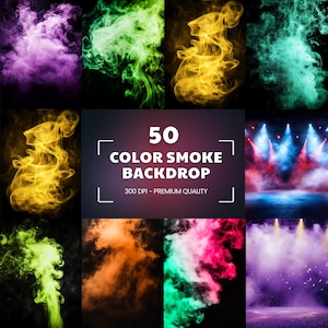 May include: A collage of colorful smoke backdrops in various hues, including purple, green, yellow, and teal. The image also features a stage with red and blue lighting and the text "50 COLOR SMOKE BACKDROP 300 DPI - PREMIUM QUALITY."
