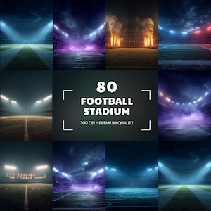 Puede incluir: Un collage de nueve imágenes que muestran estadios de fútbol por la noche. Las imágenes presentan varios esquemas de iluminación, incluyendo focos, luces de estadio y pirotecnia. La imagen central muestra el texto "80 FOOTBALL STADIUM 300 DPI - PREMIUM QUALITY."