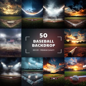 May include: A collage of baseball-themed backdrops featuring various stadium scenes under dramatic skies. The central image displays the text "50 BASEBALL BACKDROP" with "300 DPI - PREMIUM QUALITY" below it. The collection includes images of baseball fields, sunsets, and a baseball.
