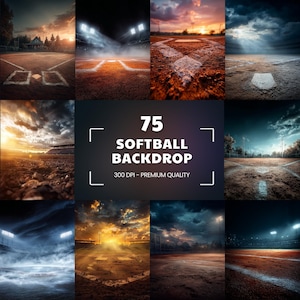 May include: A selection of 75 softball backdrop images. The images depict different views of softball fields, including close-ups of the bases, dramatic lighting, and atmospheric conditions. The text "75 SOFTBALL BACKDROP" is displayed.