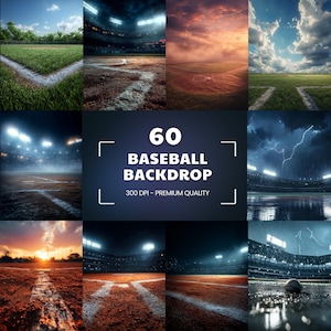 May include: A collage of baseball field backdrops. The images include close-ups of the field, stadium views, and dramatic weather scenes. Text in the center reads "60 BASEBALL BACKDROP 300 DPI - PREMIUM QUALITY."
