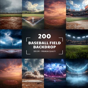 May include: A collection of nine baseball field backdrops. The images showcase various weather conditions, including rain, sunny skies, and dramatic thunderstorms. The text "200 BASEBALL FIELD BACKDROP" is displayed in white.