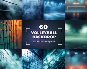 May include: A collage of volleyball-themed backdrops. The images feature volleyball nets, smoky atmospheres, and stadium lighting in various colors. Text in the center reads "60 VOLLEYBALL BACKDROP 300 DPI - PREMIUM QUALITY."