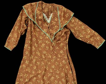1920s Copper Brown Floral Long Sleeve Dress Medium