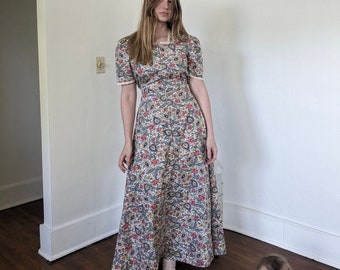 1930s Paisley Print Cotton ZIp Front Maxi Dress by Breakfast Formals Medium to Large