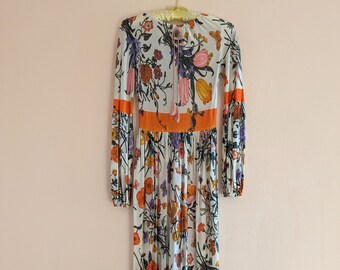 1970s Floral Butterfly Maxi Dress Ruffle Hem XS