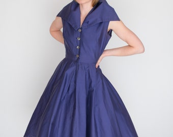 1950s Koret of California Dress Dark Periwinkle Large Removable Collar Size Medium 28 waist