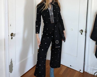 Space Age 1960s 70s Silver Studded Black Wool Jumpsuit in the Style of Donald Brooks Small Medium