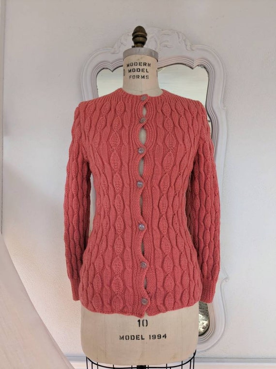 Hand Knit 1940s 50s Pink Wool Cable Knit Cardigan