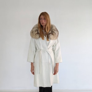 1960s White Leather Coat with Fox Fur Collar medium