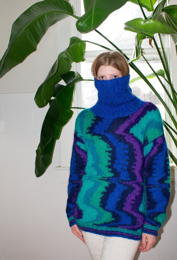 80s Psychedelic Mohair Cowl Neck Sweater