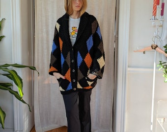 1960s Italian Harlequin Sweater Cardigan Coat - wool - Small