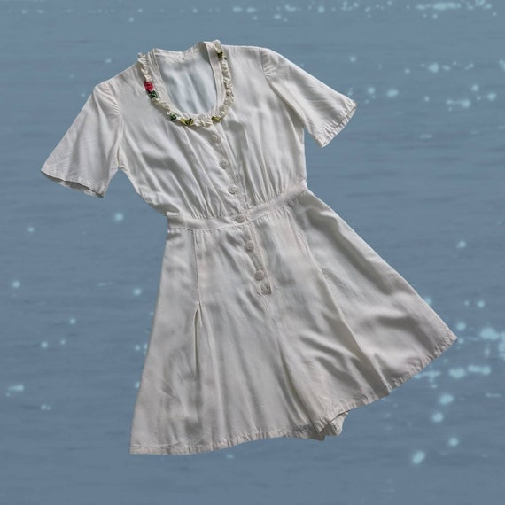 1940s White Rayon Shorts Romper Pleated Button Up