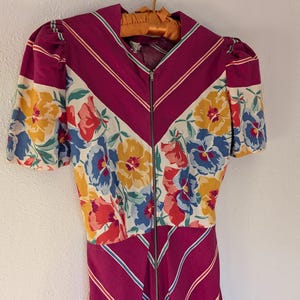 1930s Cotton Zip Up Maxi Dress Floral Stripe size Small