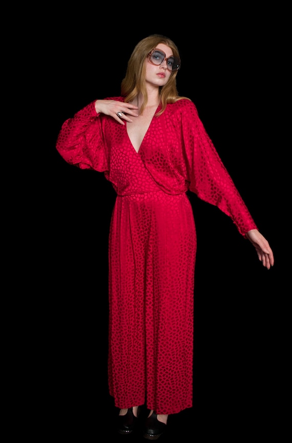1980s Lillie Rubin Jumpsuit Cherry Red Silk Draped
