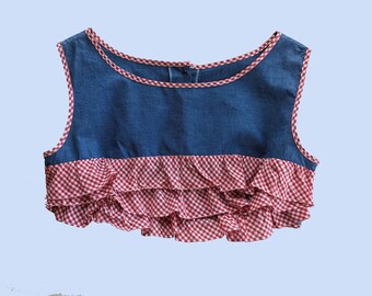 1960s Chambray Gingham Ruffle Crop Top