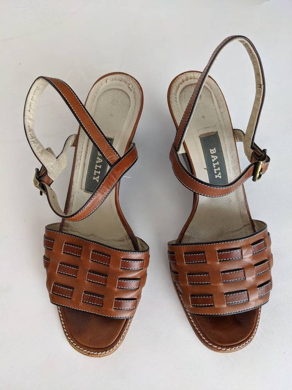Size 6 1990s BALLY Leather Wedge Sandal Basketwea… - image 2