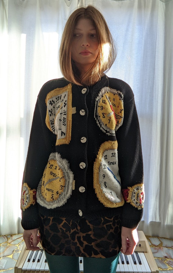 90s Hand Knit Timex Clock Sweater Cardigan NOvelty