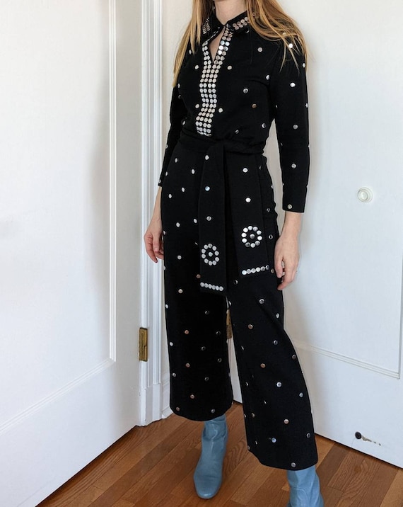 Space Age 1960s 70s Silver Studded Black Wool Jum… - image 2