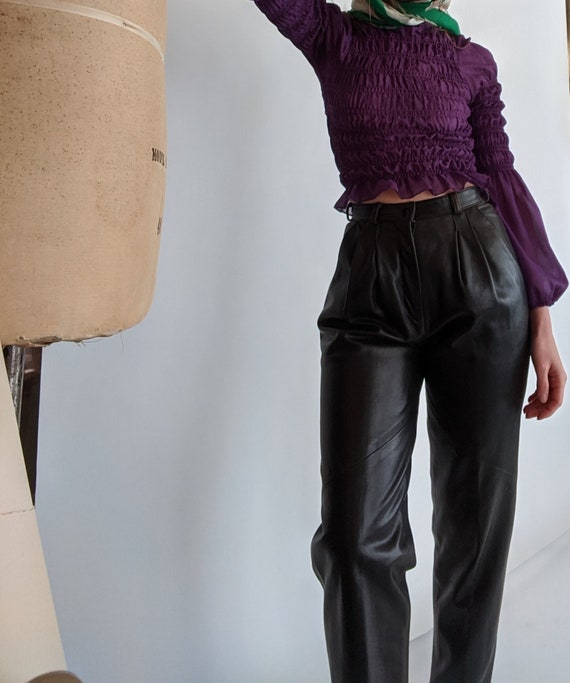 1980s Vakko Black Leather Pants Pleated