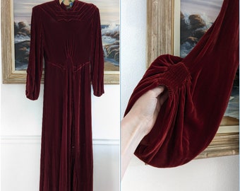 1930s Silk Velvet Dress Balloon Sleeves Rusty Red - small Medium