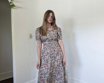 1930s Paisley Print Cotton ZIp Front Maxi Dress by Breakfast Formals Medium to Large